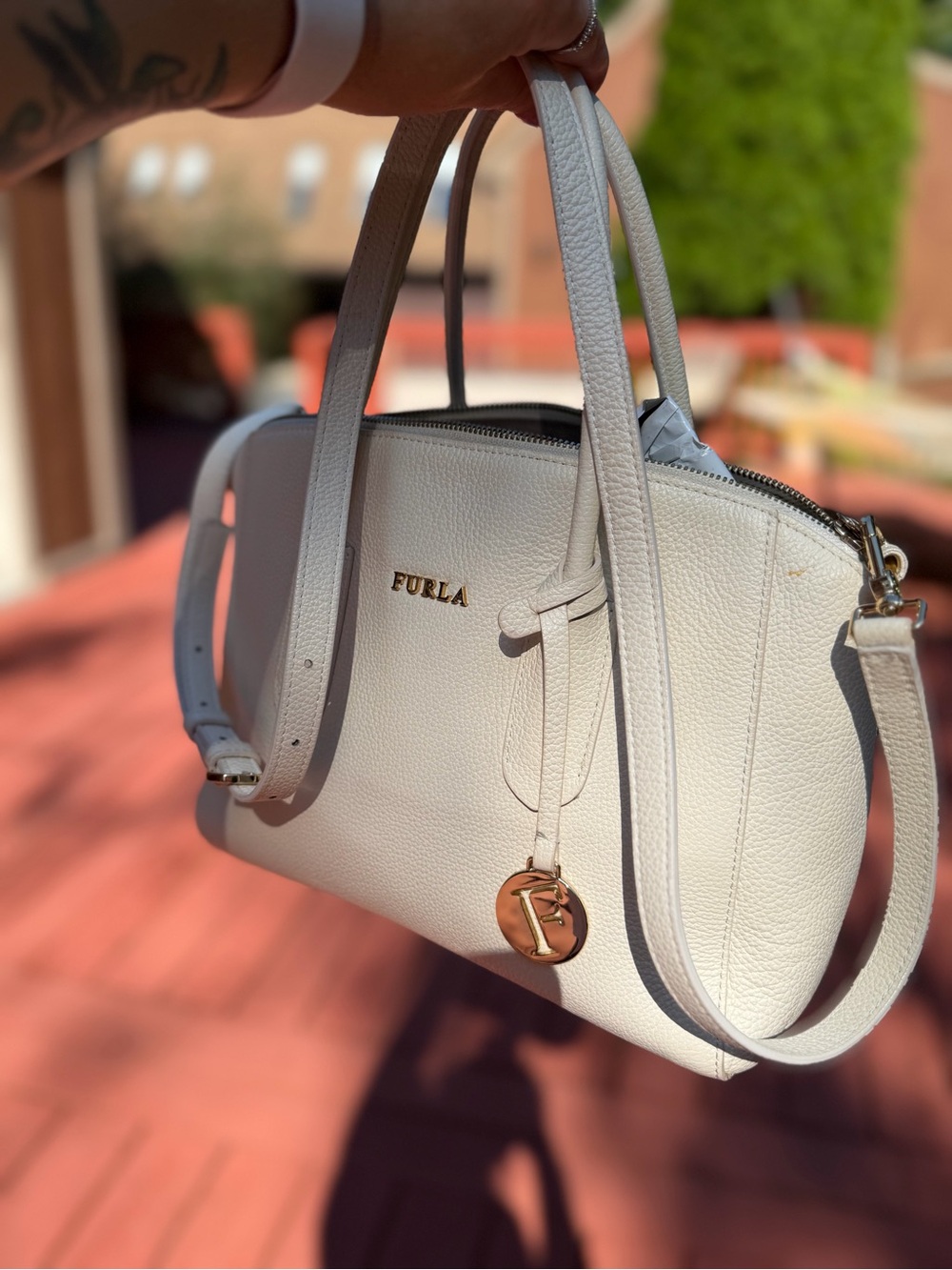 Furla Cream Tessa Two-Way Pebbled Leather Satchel with Gold Charm - Picture 13 of 13